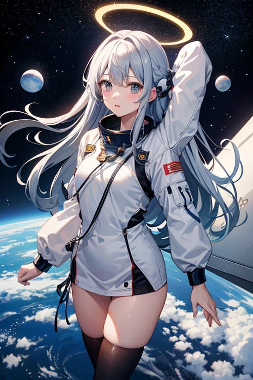 masterpiece, Highest quality, High resolution，Follow the on-screen instructions、Anime Style、Follow the prompts、One Girl、Long silver hair、、universe space、Confused、Spacewalk、Reaching out to the earth、Adrift in Space