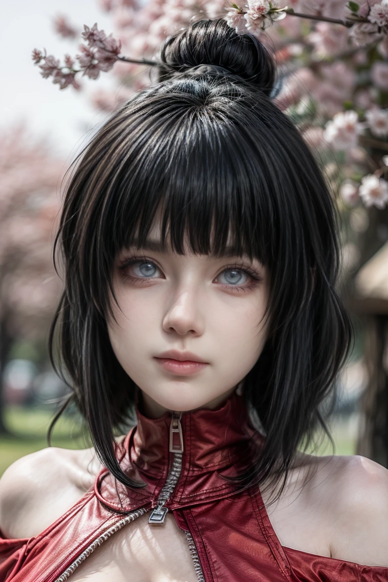 tmasterpiece, Best quality at best, 1girll, Hinata Hyuga ,High midfielders breasts,Off-the-shoulder attire,(cleavage),(upperbody closeup),Raised sexy,is shy,ssmile,with black hair, long whitr hair, (Green eyeballs:1.4), Forehead protection, the cherry trees,Cherry blossoms flying,Red clothes,Zipper half ,realisticphoto ,animerealitic, realistic , perffeck charakter , quality detail , ultra high , anime from realistic , shoflen byakugan ,1girl, Hinata Hyuga , in anime Naruto , short hair, black hair, red eyes, smile, beautiful, sexy dress, sexy clothes, red clothes, wear red glasses, very big breast, realistic clothes, detail clothes, outdoor background, ultra detail, realistic ,quality detailed ,high eyes , face realistic , full body eyes , perffect charater