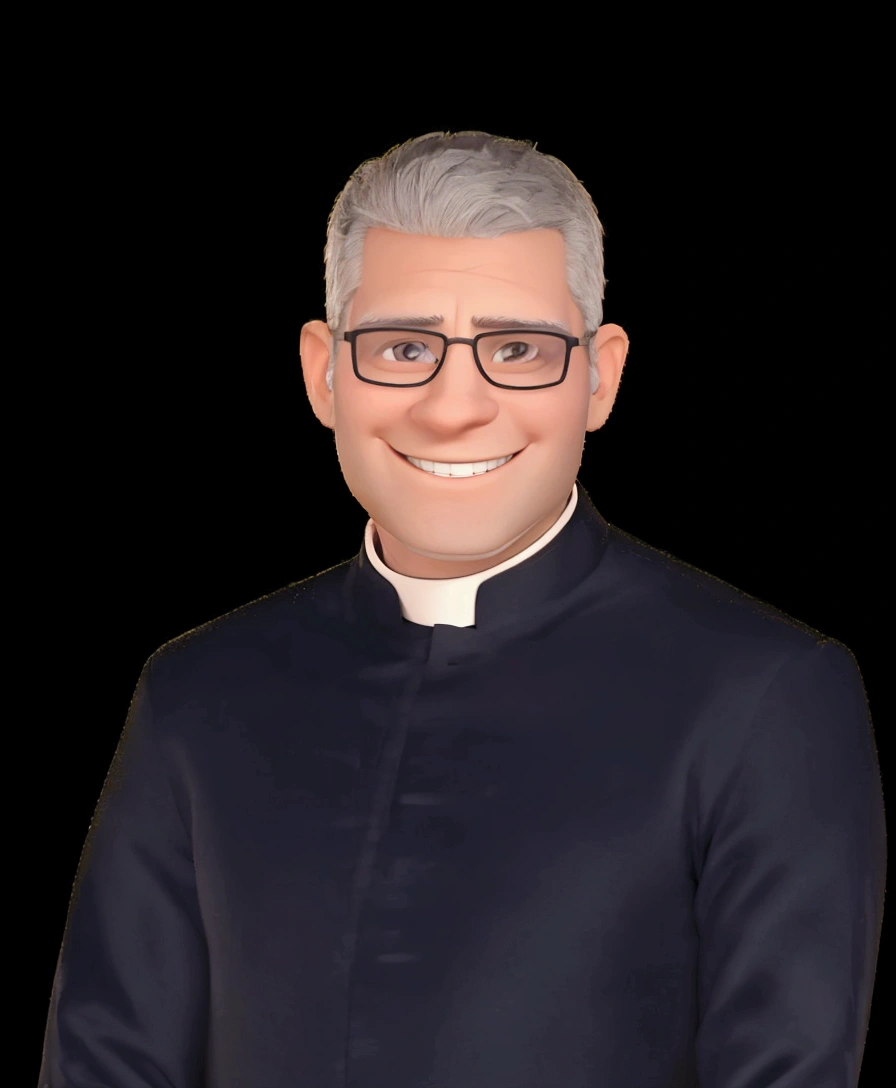 Tall man, strong body, smiling, black glasses, no beard, short gray hair, wearing a priest's costume and on a white background
