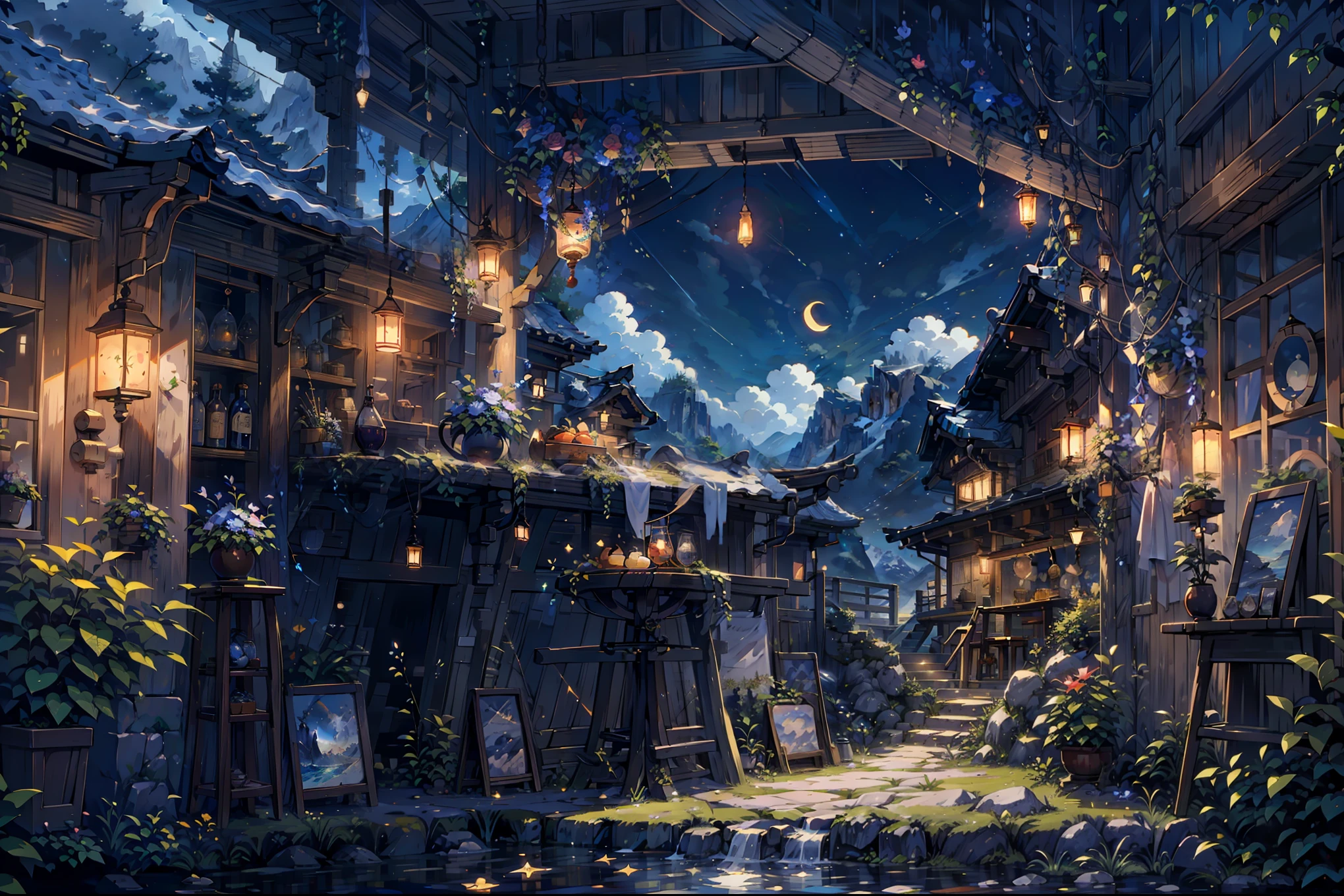 {{{Crescent Moon,Tabletop}}}, {{Highest quality, Ultra-fine illustrations, Beautiful and delicate water}}, {{Very delicate light}}, {{nature, Painting}}, {{Excellent lighting, A more transparent star, Quality Mountains, Very beautiful 8K PCG wallpaper}}, (plateau), sunrise, Randomly distributed clouds, cliff, ((Rotating starry sky)), ((Lake of the mountain stream)), Glowing particles,warrior,Grab your sword,Japanese sword,bar,bar counter,moonside