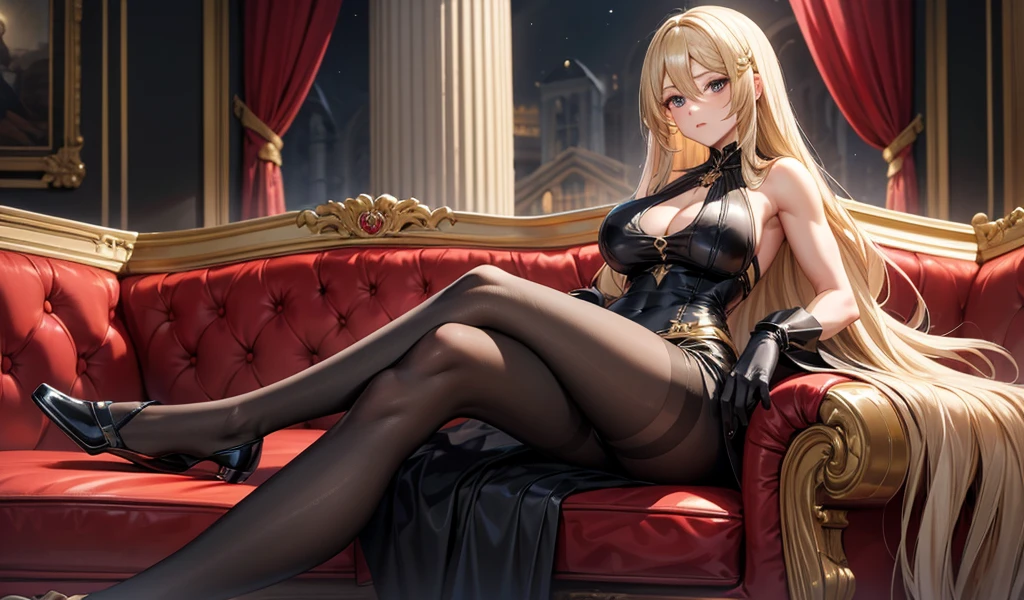Adult woman with long blond hair and huge breasts,hairpin,Black evening dress,Bare arms,Gloves,Abdominal muscles,muscle,Thin legs,black pantyhose,Sitting upright,sofa,Palace interior space