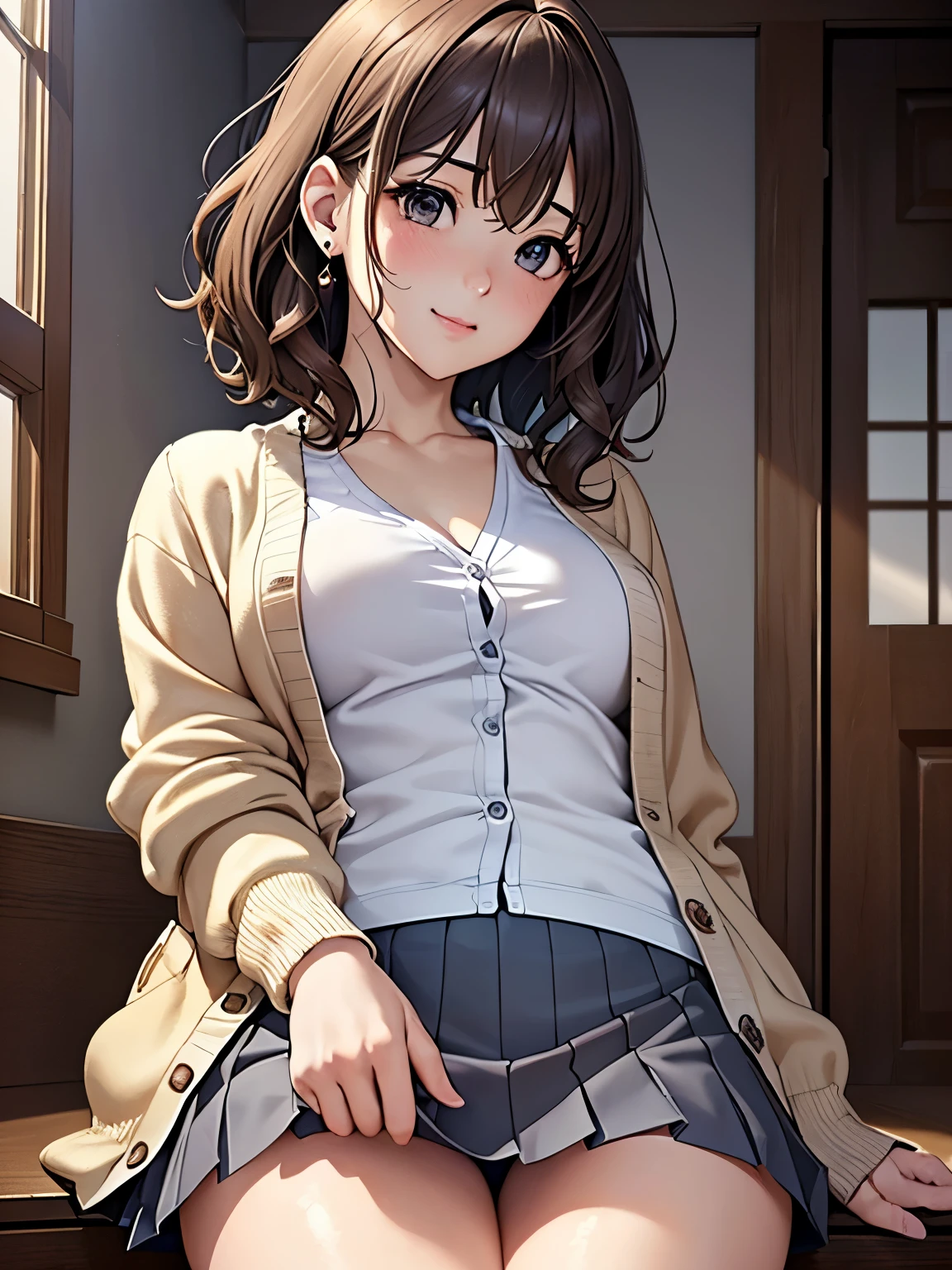 ((Highest quality, High resolution, Masterpiece, 4K)), (Soft light、Luster of hair、Beautiful eyes)、young woman、The whole body is visible、Adorable smile、 ((Wavy medium short hair, bangs, Chestnut Hair)), ((Wistful eyes、Gray Eyes, Perfect Eyes)), ((Detailed face, blush:1.1)), ((Smooth texture:0.75, Realistic texture:0.65, Realistic:1.1, Anime CG Style)),Medium chest、Glamorous Body、(Sexy thighs、I see beautiful legs)、(Navy pleated mini skirt,Light brown cardigan),Earrings、Angle from the front、Peeking into this、The hem of the shirt comes out、Angle from below