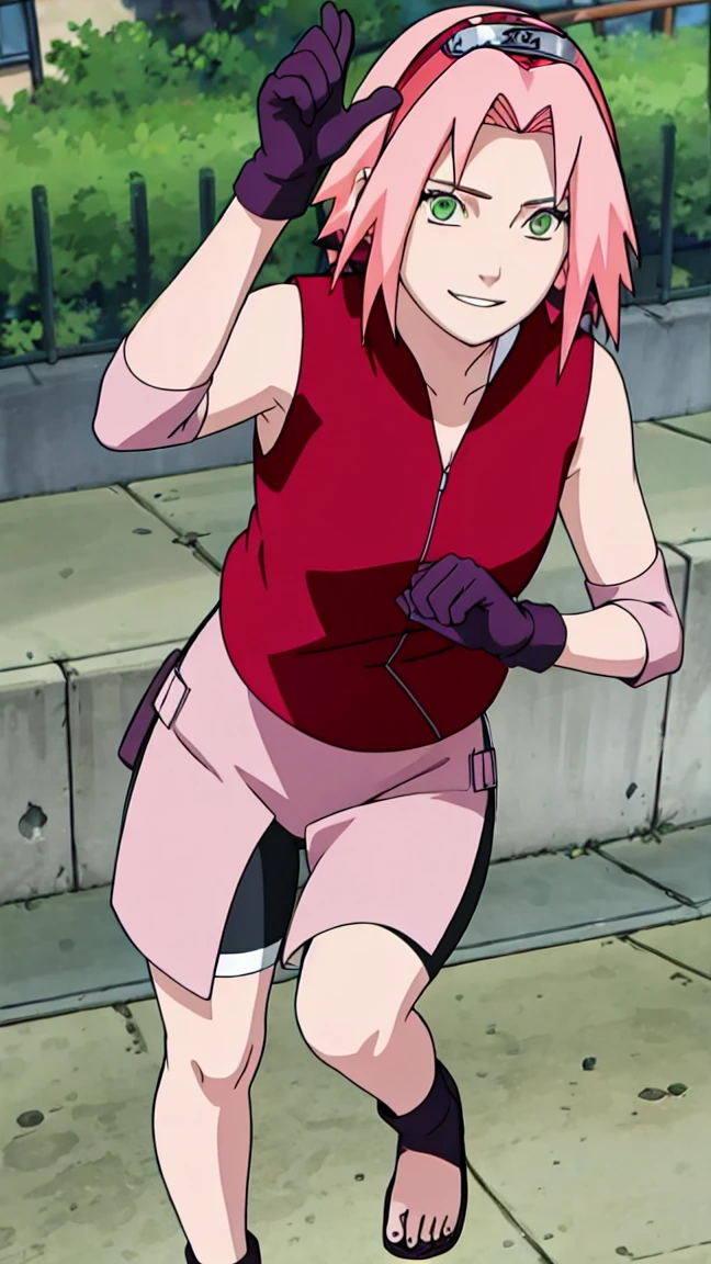 Sakura Haruno, Sakura Shippuden, open shirt,The buttons are unbuttoned., Split down the middle of the shirt, Sleeveless, Masterpiece, 1 woman, green eyes, condescending, elbow covers, black gloves, full body,Leg kick,Raise your legs high..,jump,angle