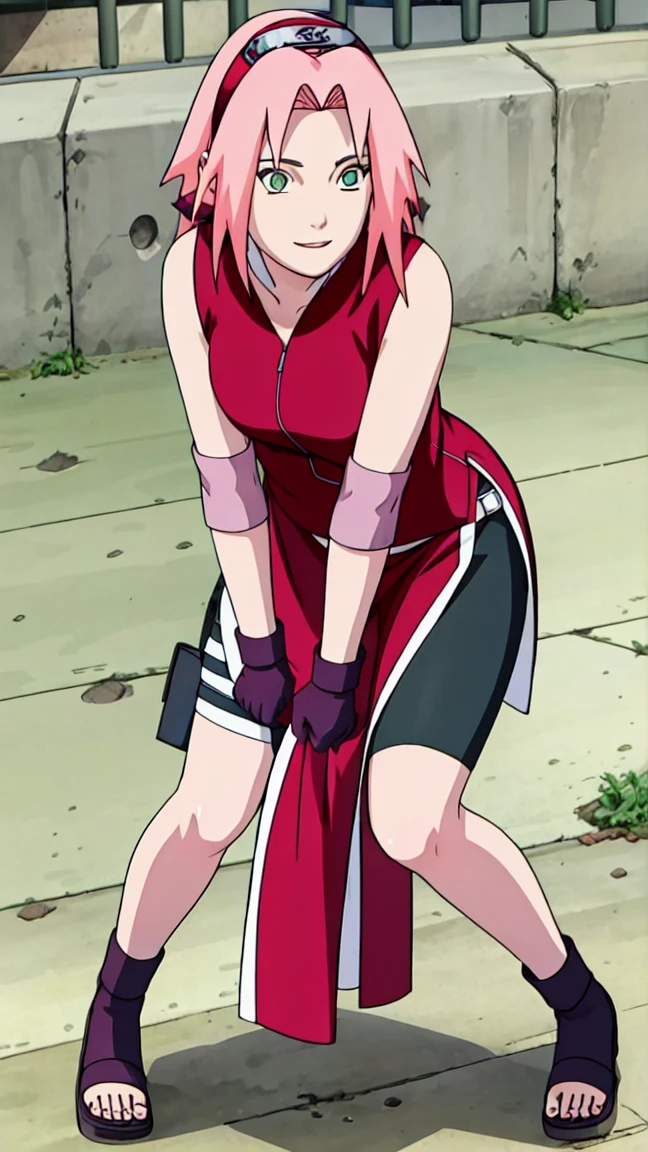 Sakura Haruno, Sakura Shippuden, open shirt,Unbuttoned, Split in the middle of the shirt, Sleeveless, Masterpiece, 1 woman, green eyes, condescending, elbow covers, black gloves, full body,voluptuous,smile,IPST,sexually aroused,open shirt