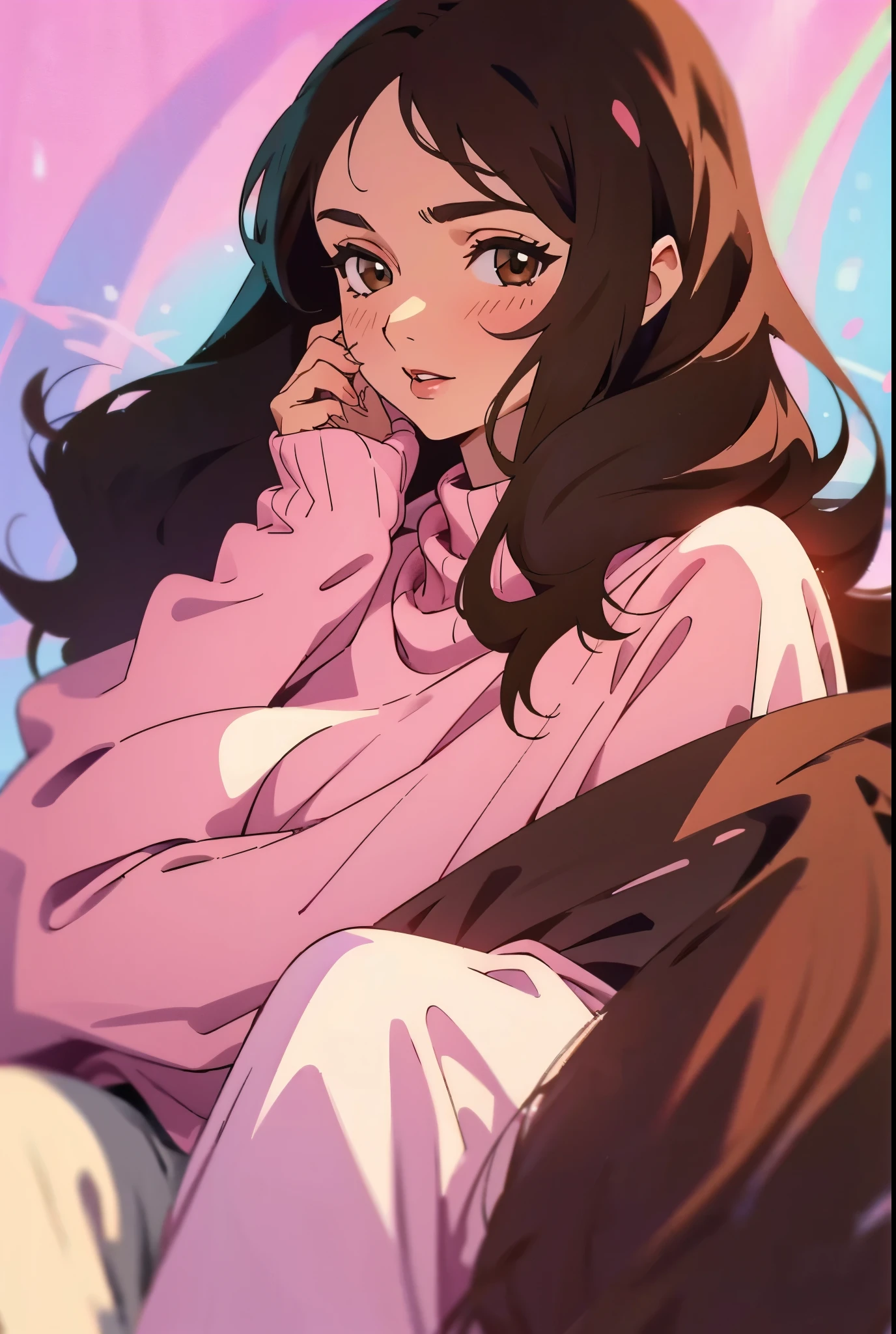 Girl, long straight brown hair, brown eyes, sharp features, white skin, pink lips, sweater