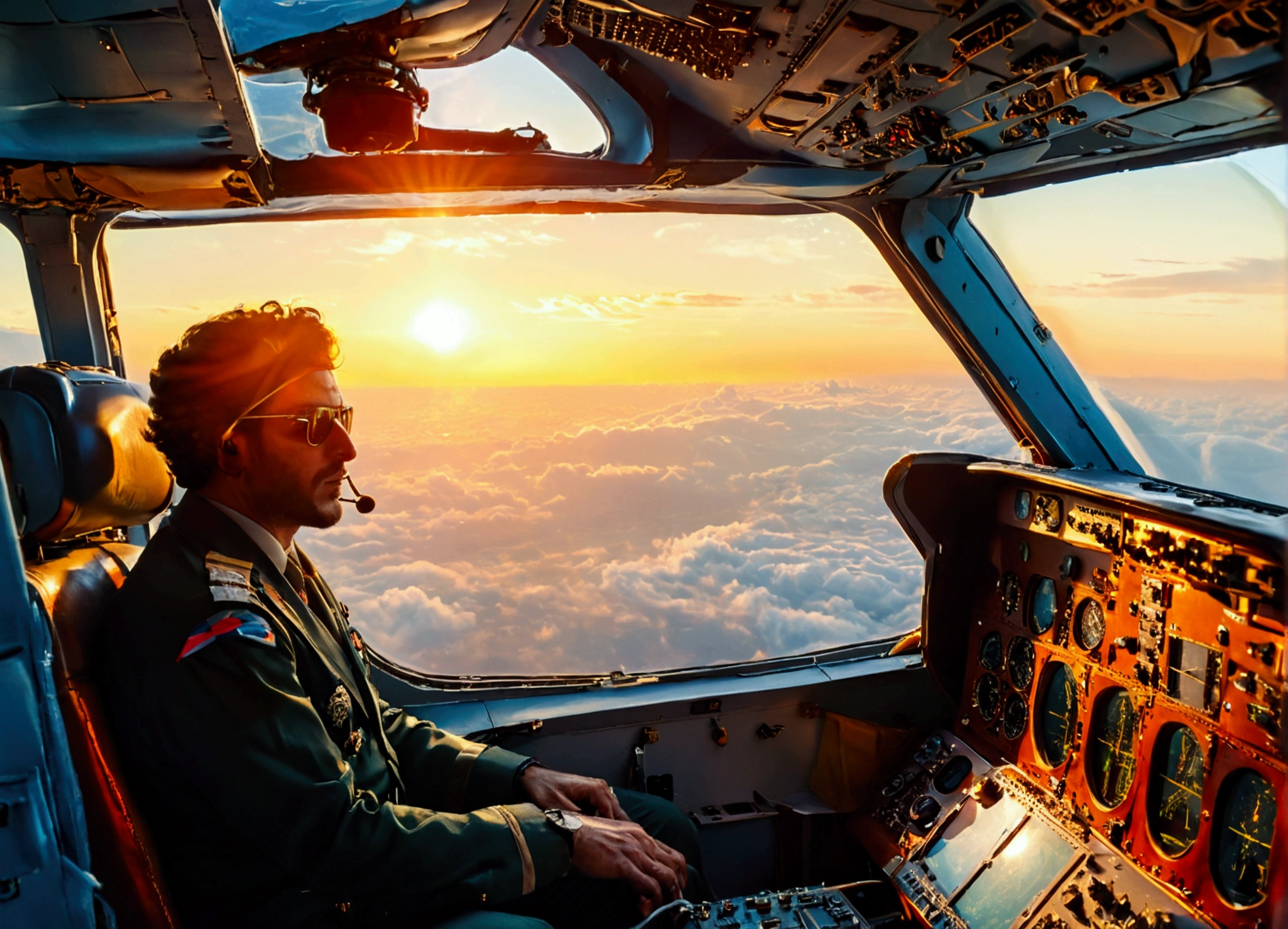 A captivating view from the cockpit of a soaring Boeing 707, with two focused Iranian pilots gazing out the right window. The scene is shot from behind, offering a thrilling perspective of the plane's instrument panel and control systems. The plane is cruising high above the earth, with a backdrop of the sun setting over the horizon, casting a warm, golden glow on the interior.