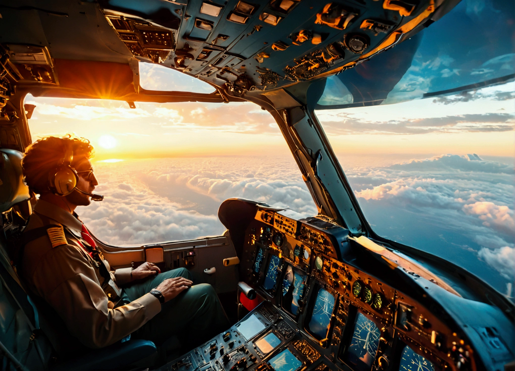 A captivating view from the cockpit of a soaring Boeing 707, with two focused Iranian pilots gazing out the right window. The scene is shot from behind, offering a thrilling perspective of the plane's instrument panel and control systems. The plane is cruising high above the earth, with a backdrop of the sun setting over the horizon, casting a warm, golden glow on the interior.