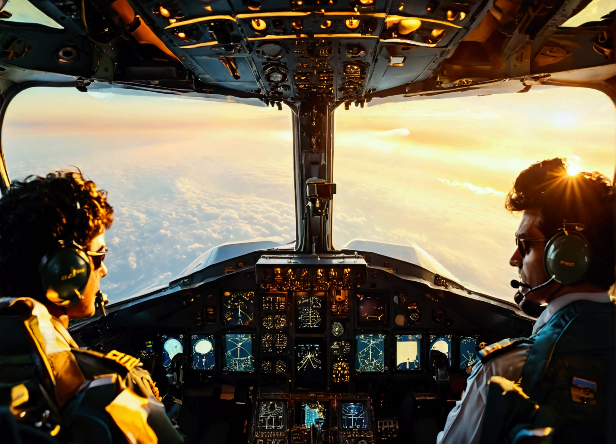 A captivating view from the cockpit of a soaring Boeing 707, with two focused Iranian pilots gazing out the right window. The scene is shot from behind, offering a thrilling perspective of the plane's instrument panel and control systems. The plane is cruising high above the earth, with a backdrop of the sun setting over the horizon, casting a warm, golden glow on the interior.