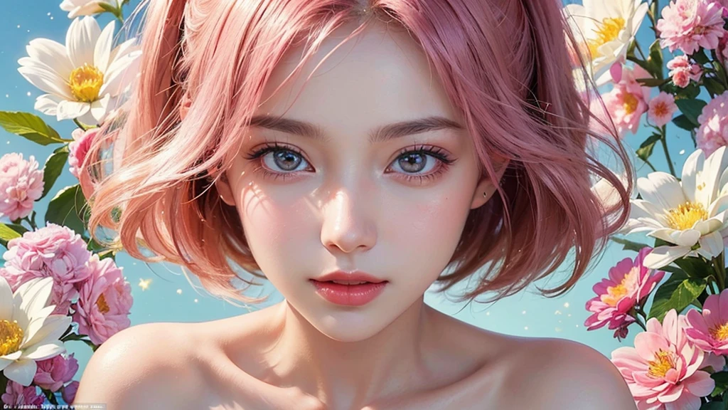 One girl, alone, flower畑, flower, (Official Art, unity 8k wallpaper, Super detailed, beautifully、aesthetic, masterpiece ,Highest quality:1.3), (Dynamic Angle:1.2), (Floating colorful sparkles:1) , elegant, Vibrant colors, Highly detailed face, Detailed eyes, Glowing Skin, Glossy Lips , Pale pink and pale orange background, Pink Hair,