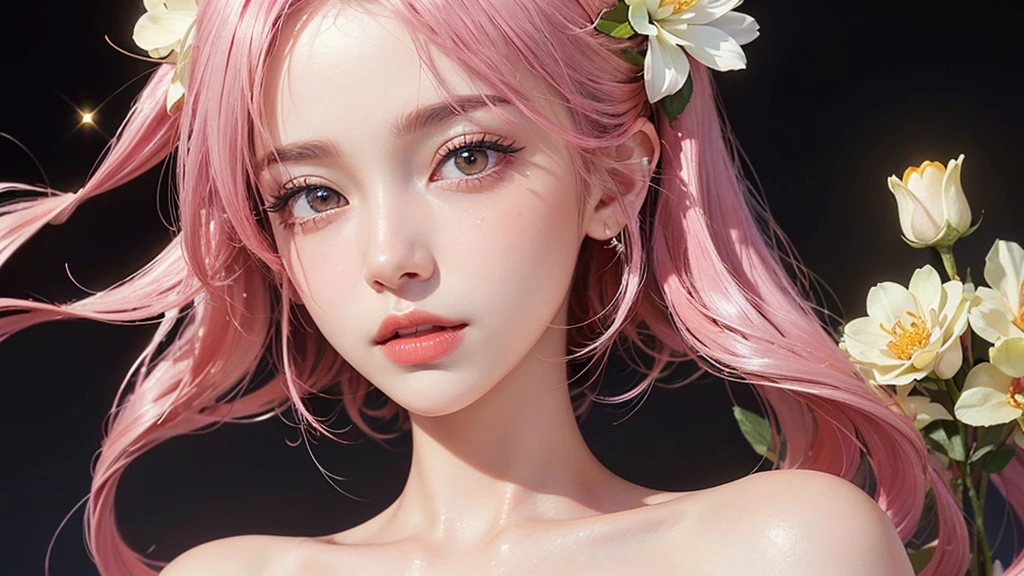 One girl, alone, flower畑, flower, (Official Art, unity 8k wallpaper, Super detailed, beautifully、aesthetic, masterpiece ,Highest quality:1.3), (Dynamic Angle:1.2), (Floating colorful sparkles:1) , elegant, Vibrant colors, Highly detailed face, Detailed eyes, Glowing Skin, Glossy Lips , Pale pink and pale orange background, Pink Hair,