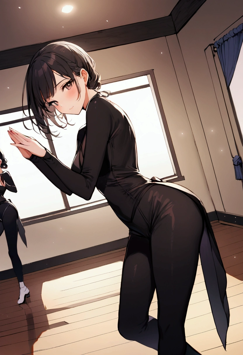 1girl, black hair, dance studio