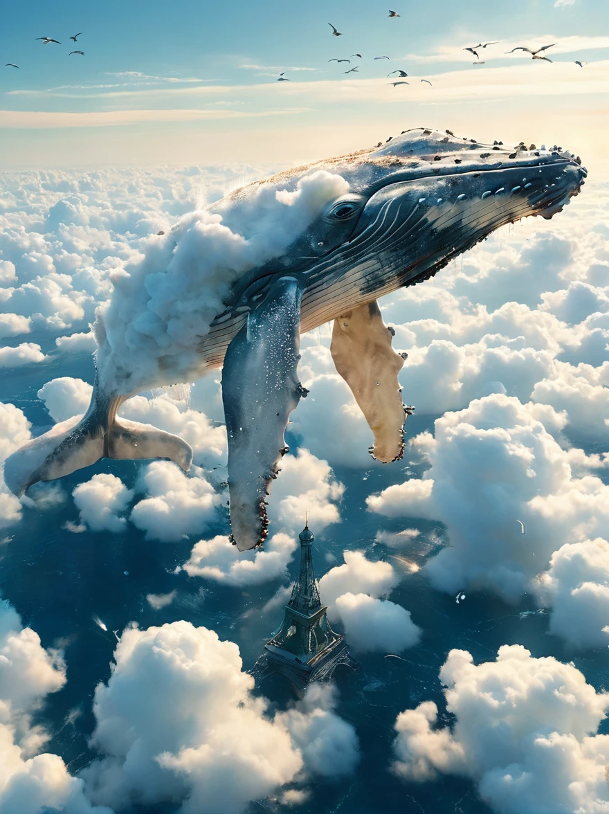 (((A colossal whale made of marshmallow-like white clouds))), (((whale's body entirely covered in fluffy white clouds))), (((soaring through the sky))), dreamy world, flying in the sky, iron towers on the ground, (bird's-eye view:1.3), (best quality, 8k, highres, masterpiece:1.2), ultra-detailed, (photo-realistic:1.4), sharp focus, vivid colors, ethereal atmosphere, soft lighting, magical, surreal