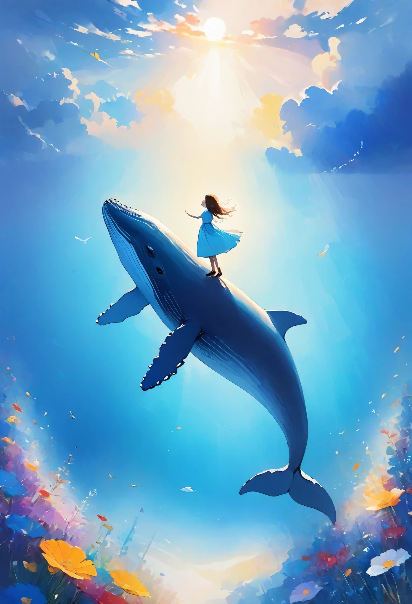 Highest quality:1.2、masterpiece:1.2、(((Blue whale blowing water)))、(((Solo Whale)))、(((Blue whale flying in the sky)))、Above the Clouds、There is no sea、Blue sky、White sun、A blue whale swimming slowly、Above the Cloudsを泳ぐクジラ、no gravityのクジラ、no gravity、