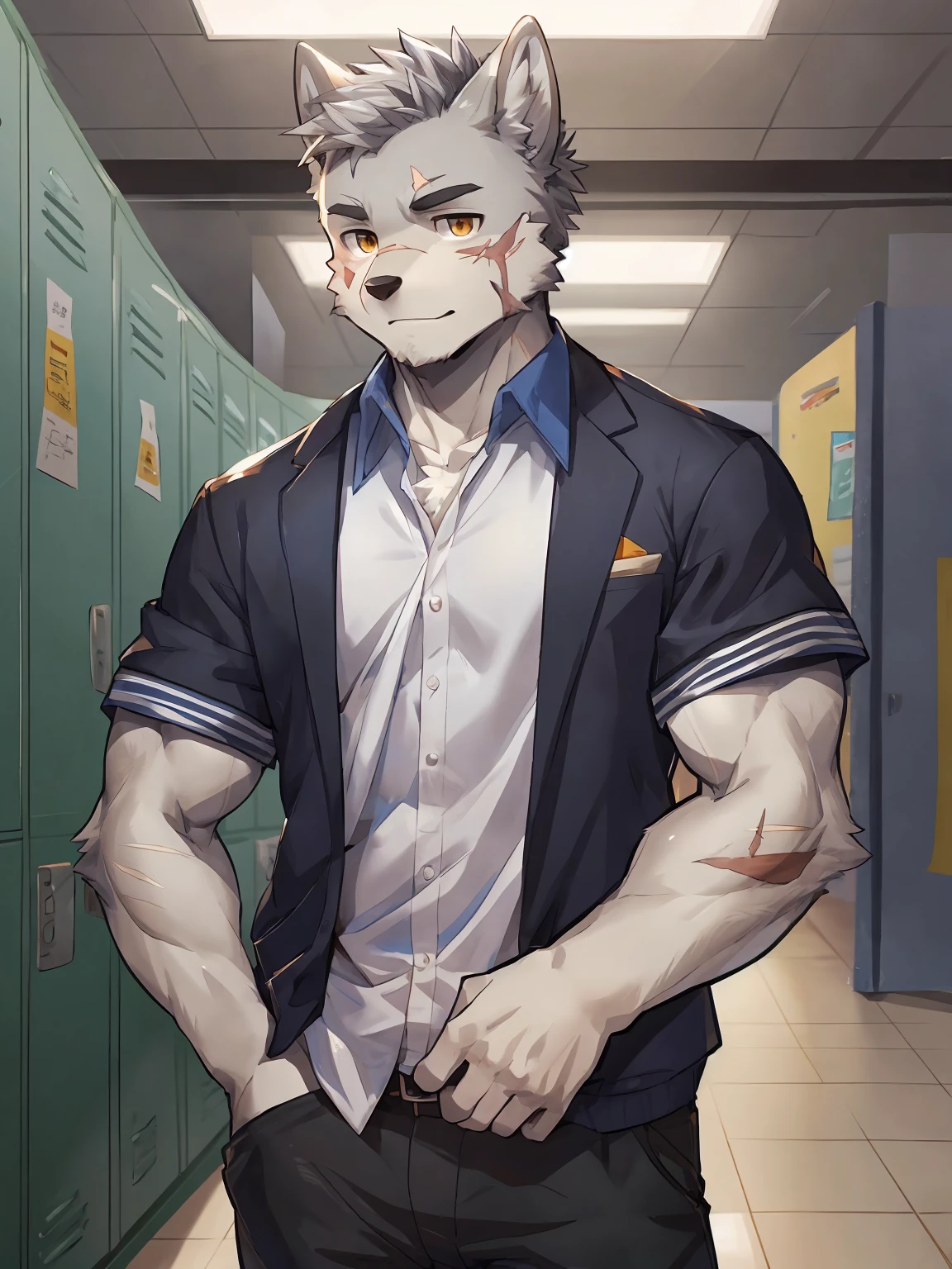 embedding:Gray wolf,Golden Eyes，Single Person,a scar on the face.Gray fur，High school students,male school uniform,A buzz cut,no hair,gray fur,gray hair,Standing by the school locker,Male,youth，Gracilis,Handsome,muscle,A little nervous,Smart,Best quality hands, best quality eye，detailed fur，Delicate eyes.Extreme picture quality，by sollyz,by zixiong,by milkytiger1145