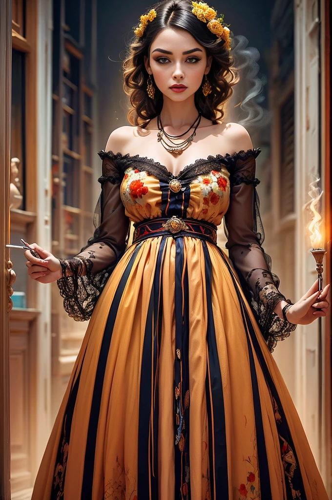 (MESTRA CIGANA SULAMITA) super-realista, Standing showing all her realistic 8K red/yellon lace dress floating in space , cabelos negros, pele, dourada, corpo full body perfect , Detailed Hands with Ruby Ring, 40 anos, Mystery front image ::8, ((saia longa de cigana rodada)), Intricate yellon Makeup Patterns ::7, body ::6, Aura Encantada, magia brilhante ::5, On your card table, Bubbling Potion ::4, Magic ingredients, spellbooks ::3, gesto de spellcasting ::2, mistic ambient, supernatural presence ::1. Smoke and atmosphere: , poderes naturais, como frutos, folhas, cristais, She has long, dark curly hair with million rose red and yellon flowers tucked into it. Her makeup emphasizes her eyes, and she's wearing large, dangling earrings and multiple necklaces with colorful beads and pendants. The woman's clothing includes vibrant fabrics with patterns. The overall aesthetic is very bohemian and romantic, evoking a free-spirited, nomadic culture. The lighting in the image is warm, giving it a rich, golden glow that enhances the romantic atmosphere.16K.