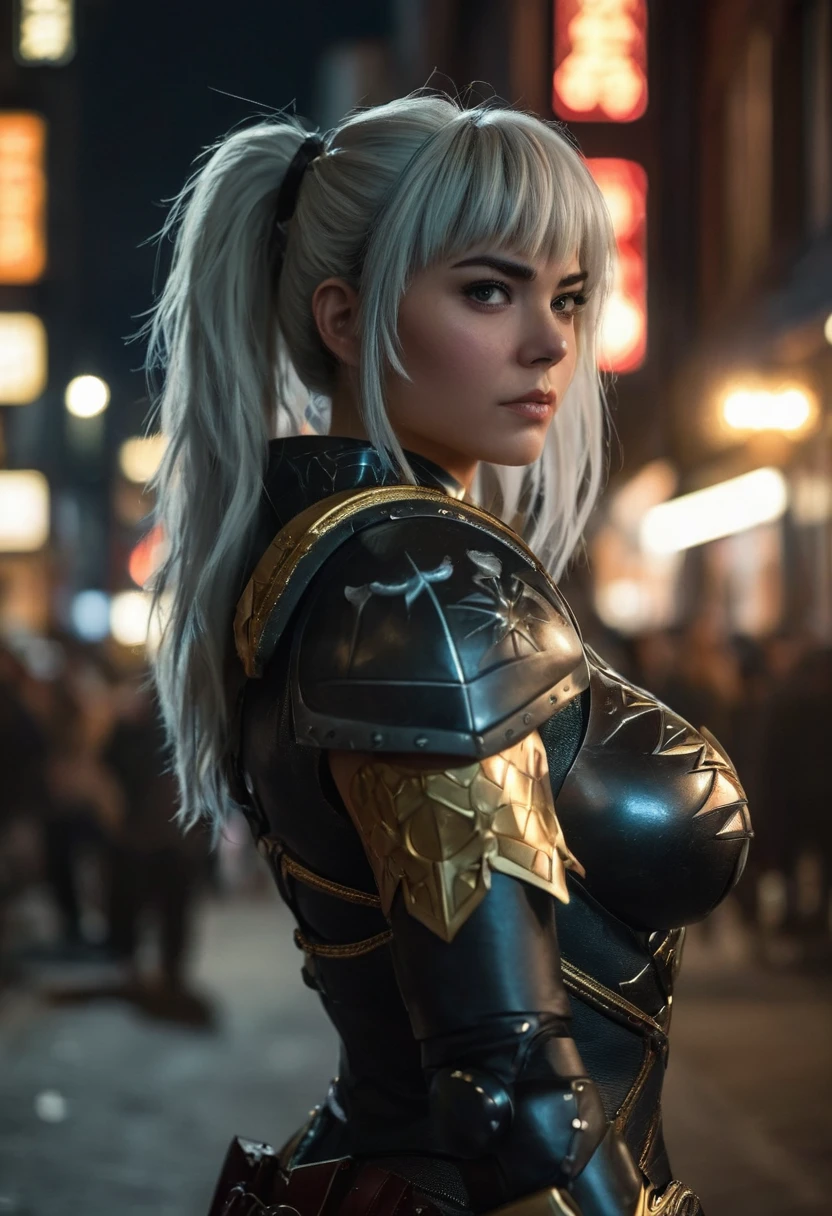 (realistic analog style sharp focus 8k raw photo with soft lighting and high quality:1.1), (hdr film grain:1.2),movie poster, a cute woman wearing a shiny (textured:1.2) (intricate:1.2) cyborgcosplay in a dark street at night, (cinematic hairstyle:1.2)
