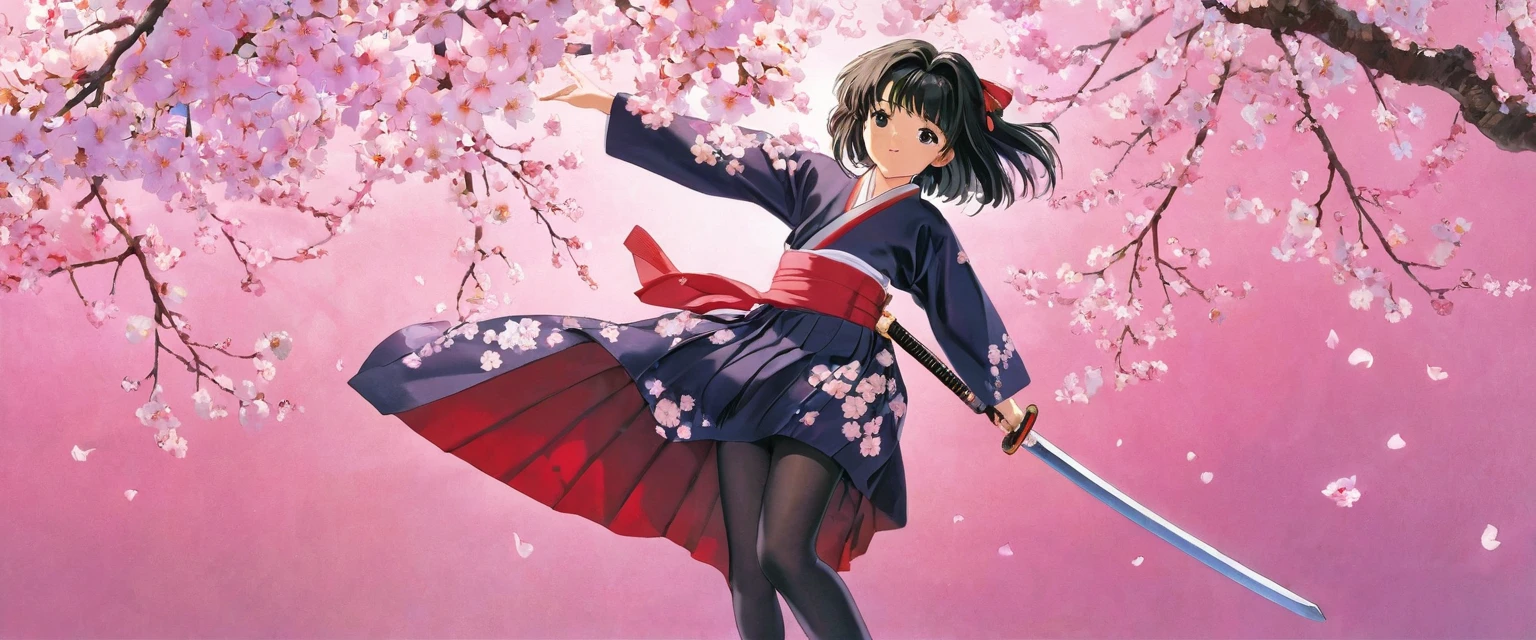 10 year old girl underwear, Sakura Shinguji、Realistic bloomers made from patterned cotton fabric, Japanese clothing and hakama, Fabric Realism, Low - Angle, I see bloomers, Pull up the dress by hand, Strong winds, Translucent slip, Translucent slip, tights, Highest quality, whole body、Black Hair、Holding a sword、Big ribbon in hair