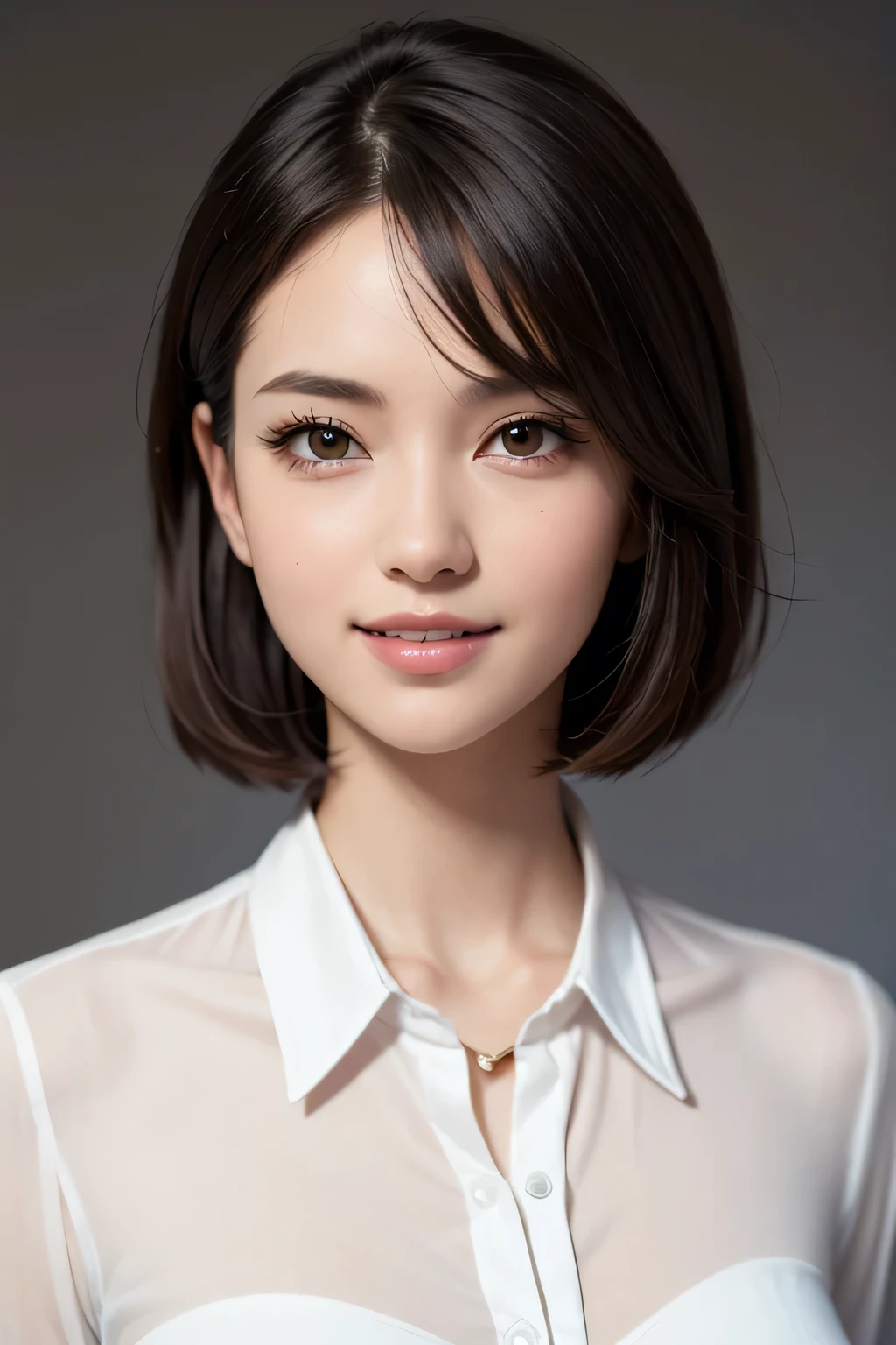 ((masterpiece)), ((Highest quality)), ((Complex)), ((Surreal)), (Realistic), (Mature Woman), ((No classes)), Very detailed, (1 female), Beautiful and exquisite, (Beautiful Teeth), Grin, Brunette Bob Hair, Brown eyes, ((blouse)), (Upper Body), (background:none), Perfect Eyes, Captivating eyes, Looking at the audience