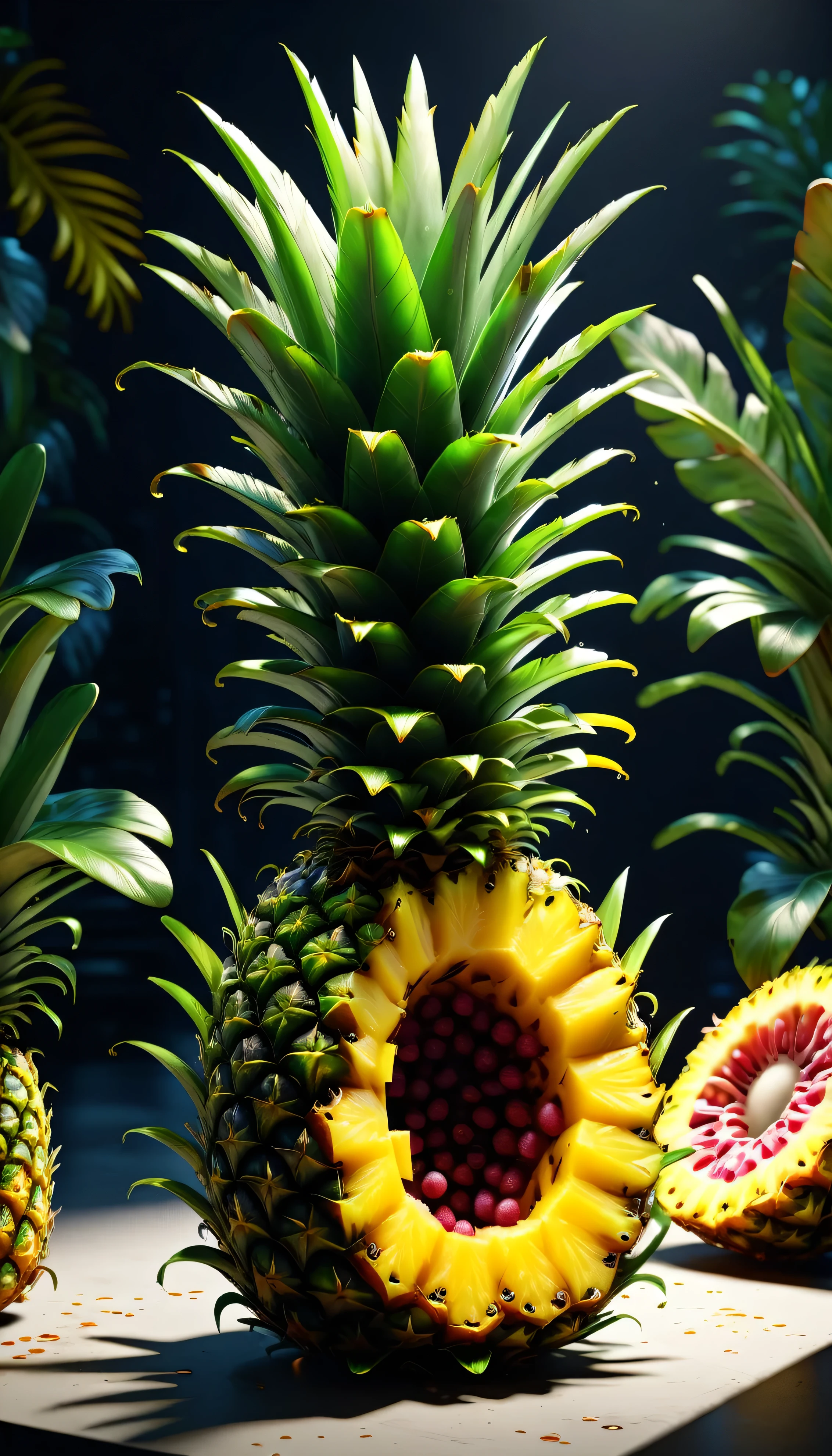 hyper detailed masterpiece pineapple ,dynamic,awesome quality,floating liquid plant,ral-passion fruit,photorealistic,cinematic lighting,3d,highly detailed,intricate details,ultra-realistic,ultra-detailed,hyperrealistic,hyper-realistic,octane render,4k,8k,highly detailed description,sharp focus,extremely detailed,professional digital art,concept art,studio lighting,physically-based rendering,volumetric lighting,vibrant colors,natural colors,realistic textures,vivid colors,dramatic lighting