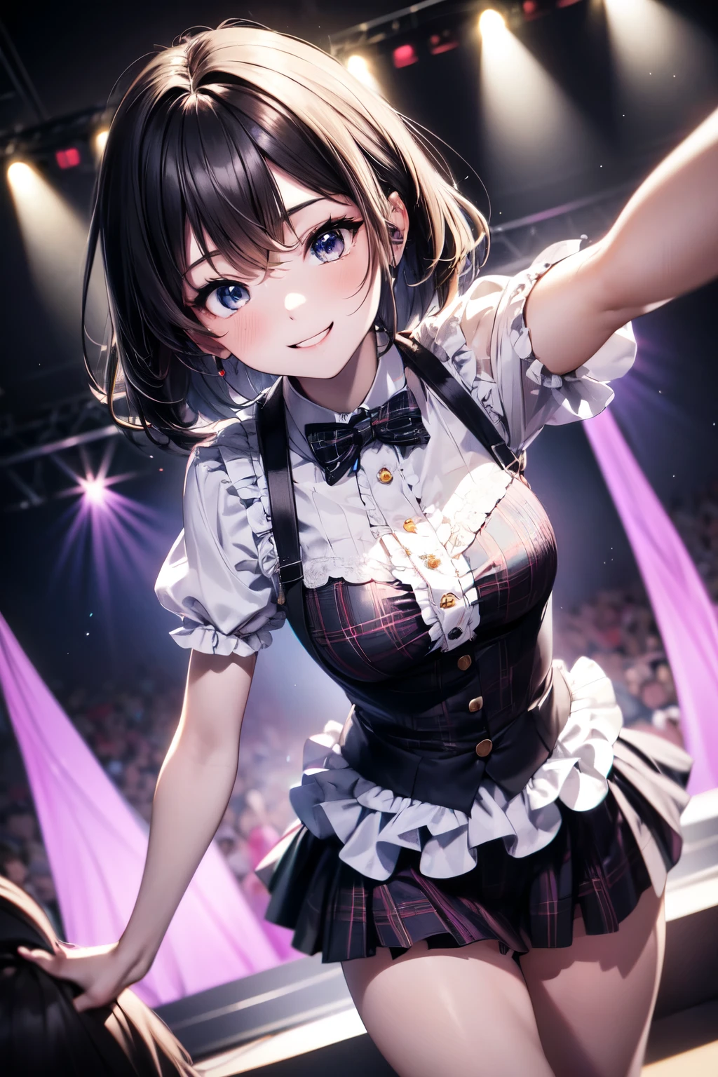 very cute and beautiful girl,(highly detailed beautiful face and eyes),(smile:1.2),happy,
black hair,looking at viewer,dancing,singing,beautiful legs,cowboy shot,
teen idol costume like AKB48,akiba idol with detailed frills,plaid vest,
live stage,concert hall,spot light,
(best quality,masterpiece),absurdres,highres,ultra-detailed,extremely detailed,32k,8k resolution,
intricate details,cinematic scene,detailed background,solo,dynamic angle,