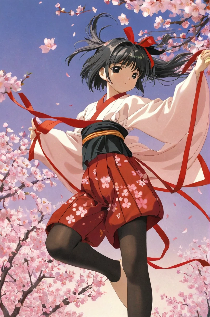 10 year old girl underwear, Sakura Shinguji、Realistic bloomers made from patterned cotton fabric, Japanese clothing and hakama, Fabric Realism, Low - Angle, I see bloomers, Pull up the dress by hand, Strong winds, Translucent slip, Translucent slip, tights, Highest quality,  whole body、Black Hair、Holding a sword、Big ribbon in hair