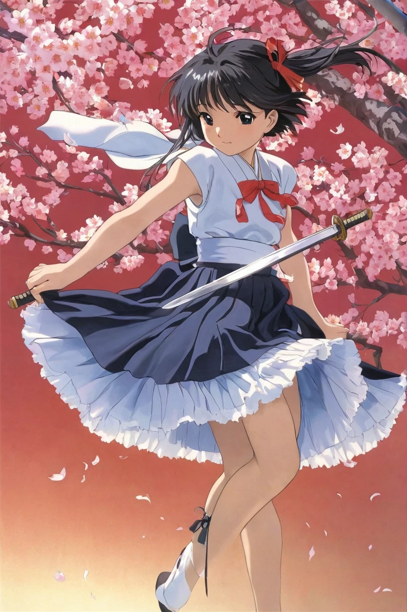 10 year old girl underwear, Sakura Shinguji、Realistic bloomers made from patterned cotton fabric, Japanese clothing and hakama, Fabric Realism, Low - Angle, I see bloomers, Pull up the dress by hand, Strong winds, Translucent slip, Translucent slip, tights, Highest quality, whole body、Black Hair、Holding a sword、Big ribbon in hair