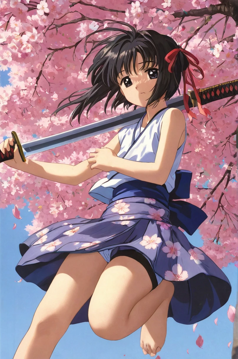 10 year old girl underwear, Sakura Shinguji、Realistic bloomers made from patterned cotton fabric, Japanese clothing and hakama, Fabric Realism, Low - Angle, I see bloomers, Pull up the dress by hand, Strong winds, Translucent slip, Translucent slip, tights, Highest quality,  whole body、Black Hair、Holding a sword、Big ribbon in hair