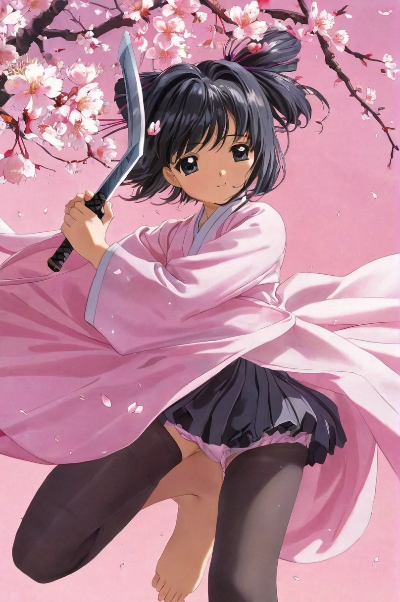 10 year old girl underwear, Sakura Shinguji、Realistic bloomers made from patterned cotton fabric, Japanese clothing and hakama, Fabric Realism, Low - Angle, I see bloomers, Pull up the dress by hand, Strong winds, Translucent slip, Translucent slip, tights, Highest quality,  whole body、Black Hair、Holding a sword、Big ribbon in hair