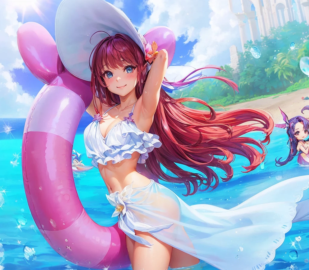 Digital art baby chibi style,masterpiece, best quality:1.2), 1 Girl,Pretty Face, Smile, Looking at the audience, Purple long hair,Pink swimsuit, , blue eyes, Mermaid, multicolored Mermaid tail, Lying on the beach, Fin ears, Head fin, shell, orchid