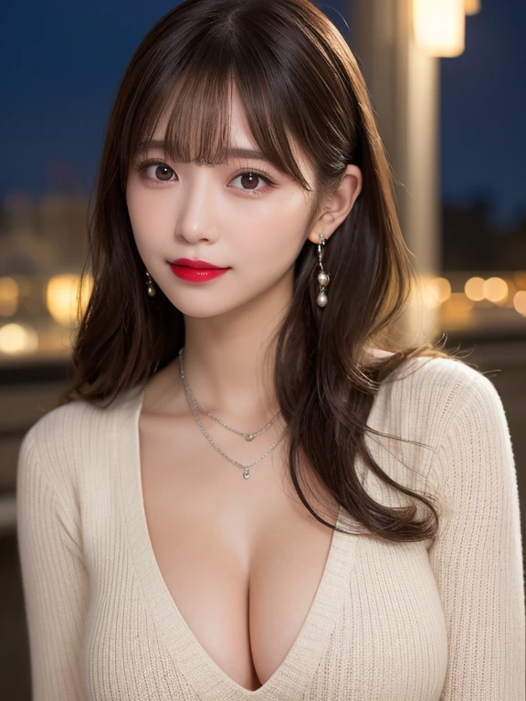 Beautiful city female college student, masterpiece, Light makeup, Red lips, Silver Hair, Messy long hair, Beautiful and elegant. Ultra-clear, masterpiece, Works perfectly, 16K, HD, night, light, Exquisite features, Japanese Idol, Pretty Face, Lovely smile, Brown hair, Ponytail, Beautiful hair, Glamorous, Large Breasts, Huge breasts, Huge breasts, nipple, Glowing skin, big eyes, Smooth skin, earrings, necklace, Super sexy body, tanned Large Breasts, wet, Light knitted dress, cleveage,