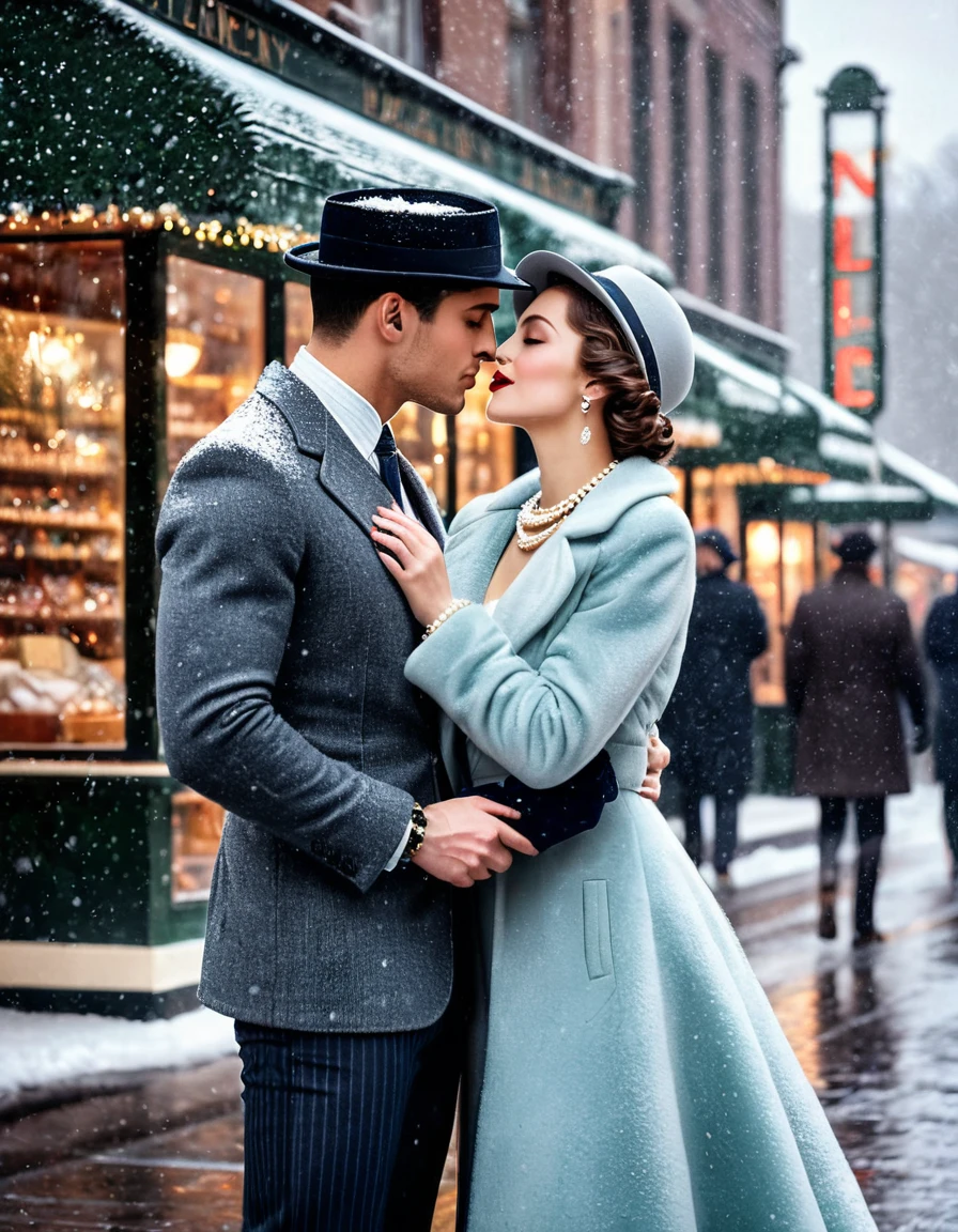 Vintage photography style, Art Deco，best quality,8K,high resolution,Very detailed，very clearly，Snowy Days，Commercial Street，（Many fashionable boys and girls are shopping），（Warm and lively atmosphere）， Delicate texture，Smooth visible velvet，Wear pearl jewelry，High-end decoration，The male and female protagonists kiss，People around cheered and applauded 