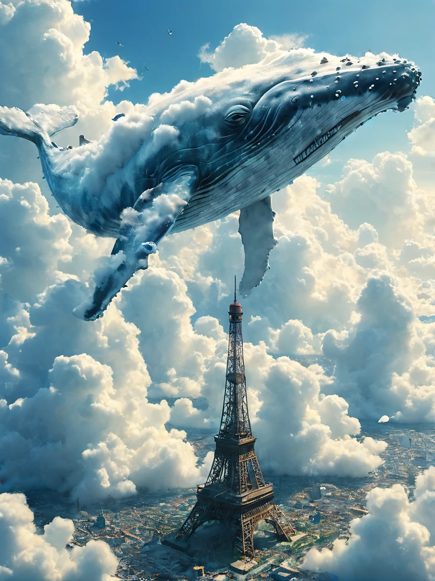 (((A colossal whale made of marshmallow-like white clouds))), (((whale's body entirely covered in fluffy white clouds))), (((soaring through the sky))), dreamy world, flying in the sky, iron towers on the ground, (bird's-eye view:1.3), (best quality, 8k, highres, masterpiece:1.2), ultra-detailed, (photo-realistic:1.4), sharp focus, vivid colors, ethereal atmosphere, soft lighting, magical, surreal
