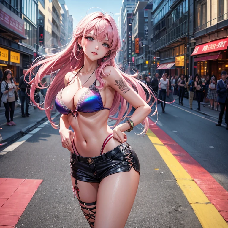 masterpiece, Woman 4, Dynamic, K-pop idol, Publicity photos, Raise your hand, call, kiss, face close, city center, hustle and bustle, Impressive eyes, Delicate skin texture, Confidence haha, Top view, squint, squint, squint, High resolution, Professional photos, on the street corner, ??????, Pink, transparent, Lace-up bikini, spotlight, rock singer, rainbow hair,, navel, Straight Hair, Put your hands in your pockets, earphone, long hair, Tattoo