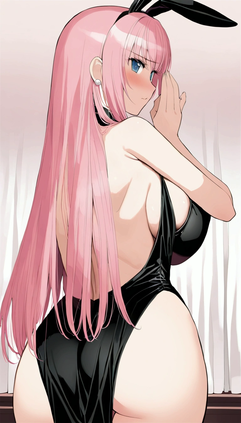 Masterpiece,Beautiful adult woman ,Megurine Luka,Big Breasts,Bunny girl,High leg black outfit,Pink long hair,blue eyes,Embarrassed expression,blush,Back view,Sexy々A pose,Bedroom,Complete human body