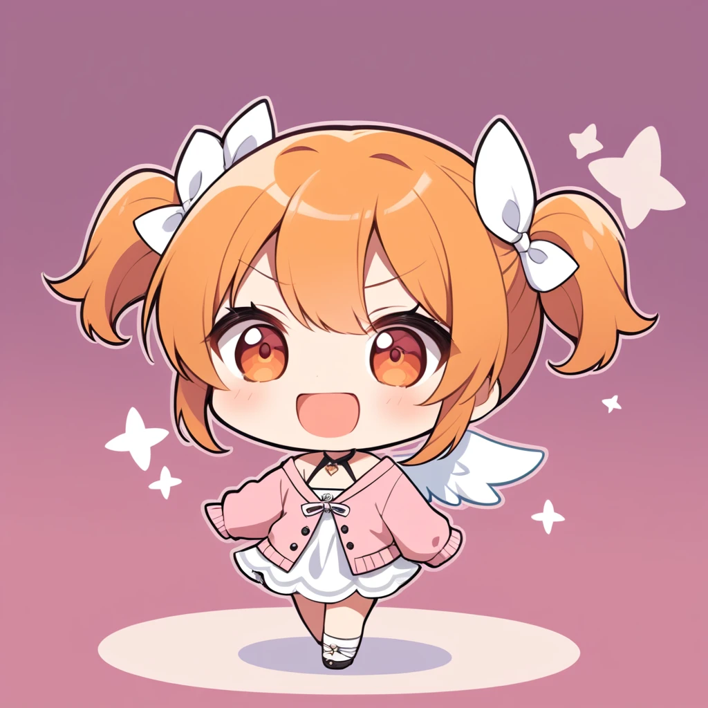 orange hair, orange eyes,girl,Pigtails with the ends tied up,laugh, Chibi, little witch, 1 woman,halterneck,White dress,pink cardigan,panties,Angel Wings