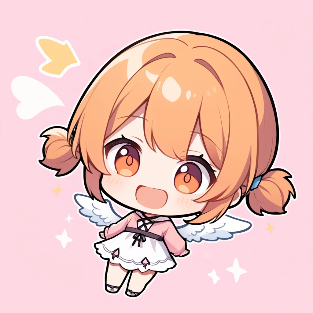 orange hair, orange eyes,girl,Pigtails with the ends tied up,laugh, Chibi, little witch, 1 woman,halterneck,White dress,pink cardigan,panties,Angel Wings