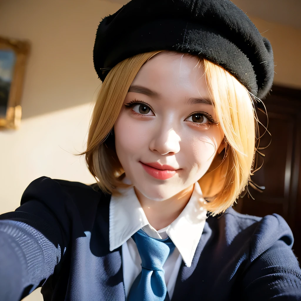 ((best quality)), ((masterpiece)), (detailed), 1girl, double eyelids, perfect eyes: 1.2, free planet alliance cosplay, blue navy cadet, long sleeve, blue beret, black necktie, face only, blonde hair, selfie, beautiful smile