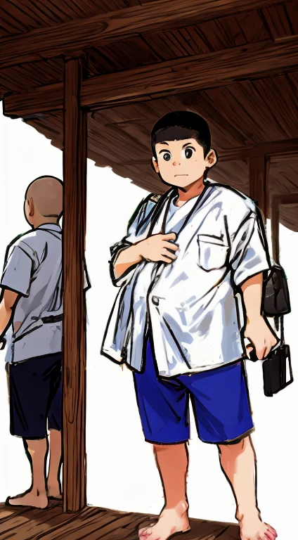 A group of ugly, overweight, shaved-headed fifth-grade boys are standing in the shrine&#39;s square in their gym clothes, looking very happy.。