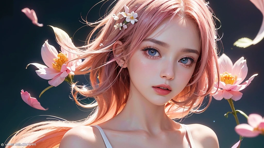 One girl, alone, flower畑, flower, (Official Art, unity 8k wallpaper, Super detailed, beautifully、aesthetic, masterpiece ,Highest quality:1.3), (Dynamic Angle:1.2), (Floating colorful sparkles:1) , elegant, Vibrant colors, Highly detailed face, Detailed eyes, Glowing Skin, Glossy Lips , Pale pink and pale orange background, Pink Hair,