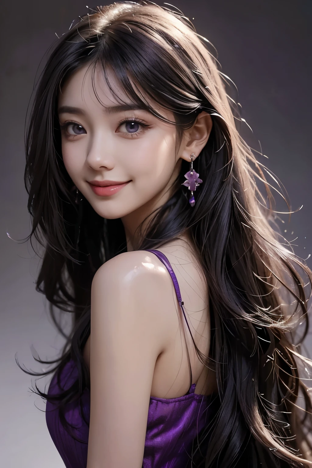 Purple eyes, Open your mouth a little, Background blur, Long Hair, とてもLong Hair, Gray Hair, Earrings, smile, Simple Background, abstract, Joseon Dynasty Queen White Hair
