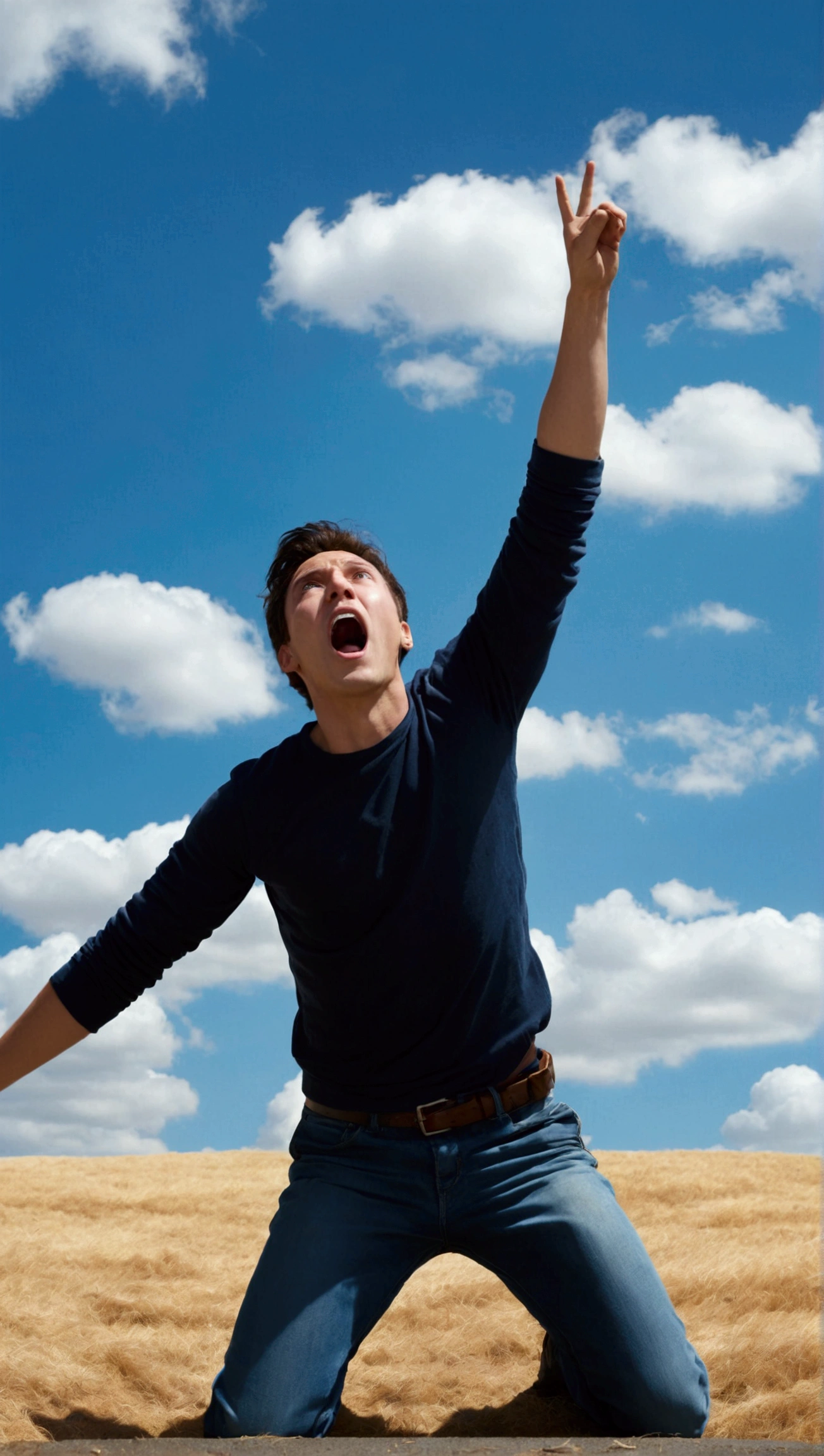 A captivating cinematic-style photograph of
A person, in an open sky scenario, is falling freely. The expression on his face shows despair and fear. The eyes are wide, the mouth open in a silent scream. The arms are stretched upwards, as if trying to grab something to save itself. The body is in a slightly inclined position, with legs bent and feet pointing downwards, reinforcing the sensation of falling. The background is a blue sky with some scattered clouds, giving a feeling of height and emptiness around the person. photographic, panoramic view, cinematic, intricate details, perfect eyes, perfect skin, perfect face, 4k photorealistic, realistic image, dynamic lighting, hyper-detailed textures, ultra-realistic and realistic, panoramic view.