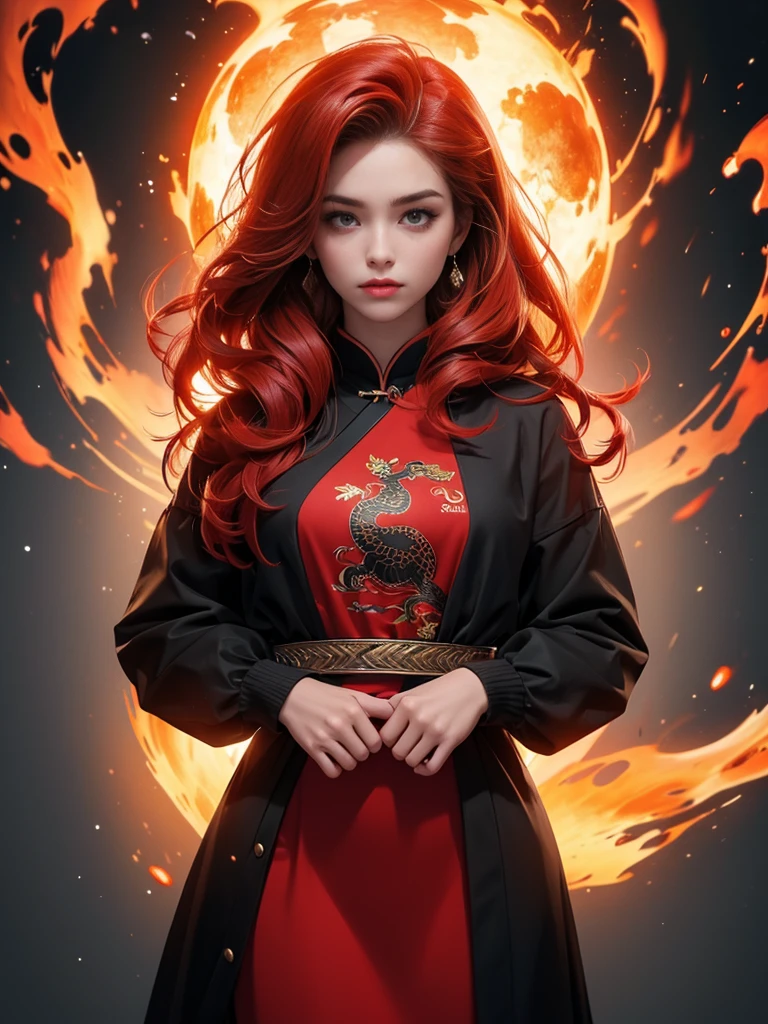 ((Best quality)), ((masterpiece)), (detailed), ((perfect face)) fire, flame, girl soaring in the air, fire chinese dragon, девушка и огненный китайский fire, hot, long curly red hair, dynamically, full height, фулл, девушка в полный рост, на фоне извивающийся огненный дракон, девушка в копотком голубом платье, голубые глаза.