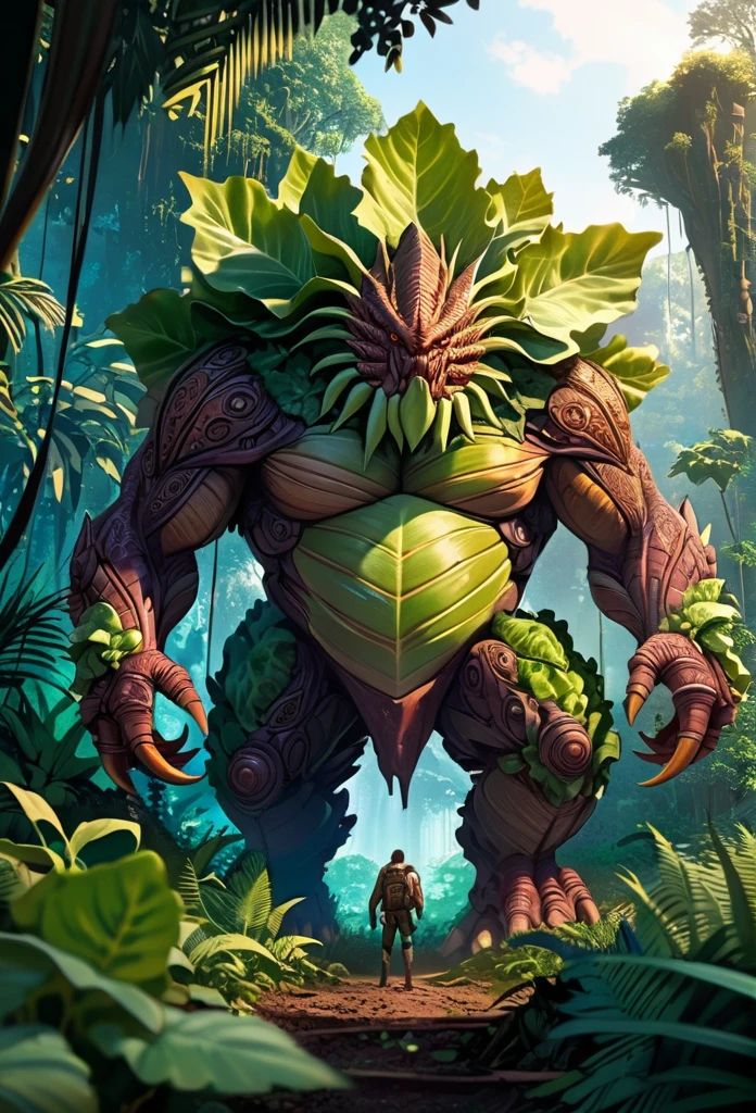 a photograph of a full body Lettuce monster, in the jungle, art by Ridley Scott, ultra highly detailed, cinematic, 32k, intricated, high quality, complex patterns, rust,
