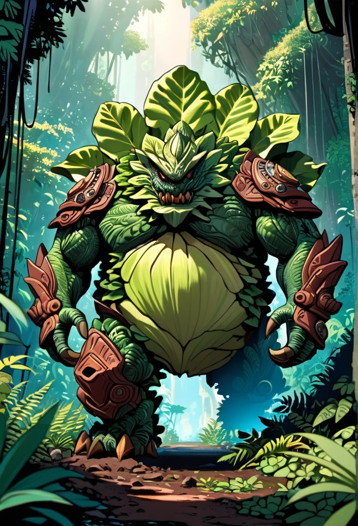 a photograph of a full body Lettuce monster, in the jungle, art by Ridley Scott, ultra highly detailed, cinematic, 32k, intricated, high quality, complex patterns, rust,
