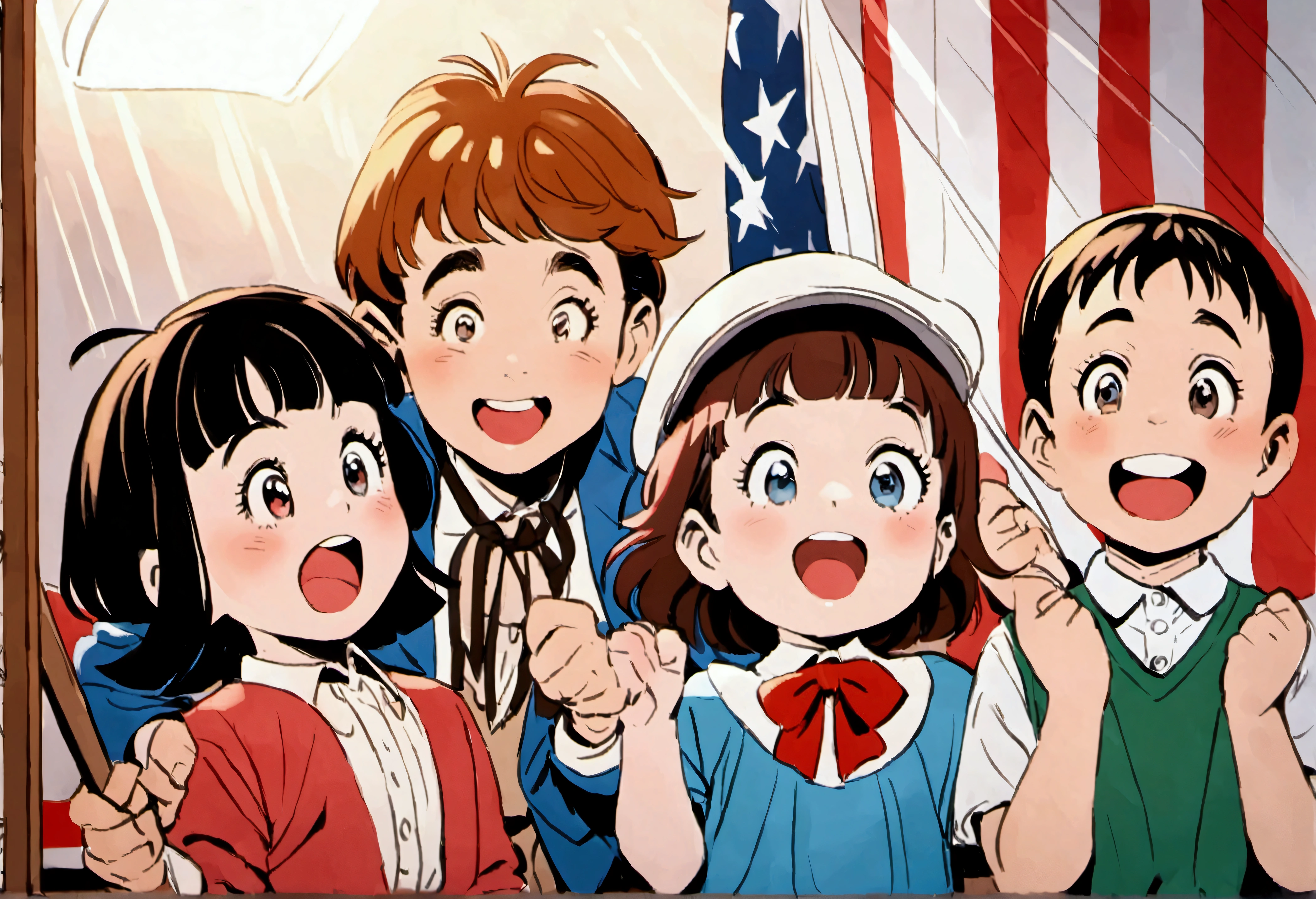 Classic TV, the little rascals, playfully hold up a MAGA banner, An american flag in the background