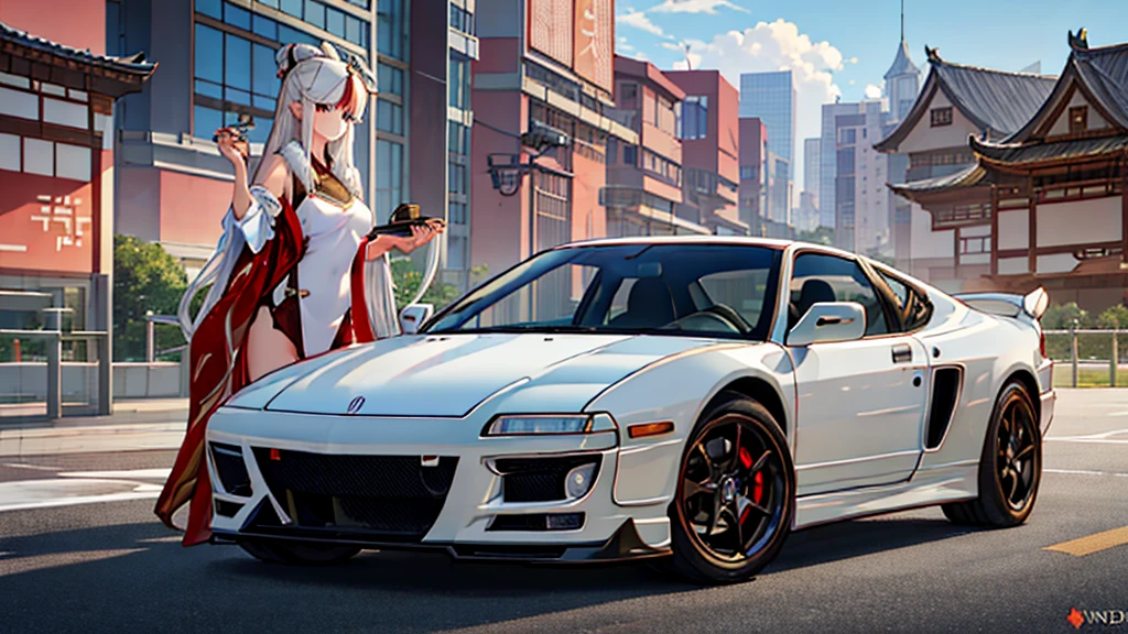 a casual ningguang from genshin impact in casual clothes stands next to her 1991 Acura nsx, white background, image inspired by genshin impact, highly detailed and intricate details, ningguang, genshin impact, ningguang_genshin, japanese sports car, looking at viewer, motor vehicle, standing, standing next to car, white background, masterpiece, best quality, beautiful lighting, 1girl, solo, full body, wide shot, white outfit, white car, 1girl,absurdres, high res, ultrasharp, 8K, masterpiece, looking at viewer