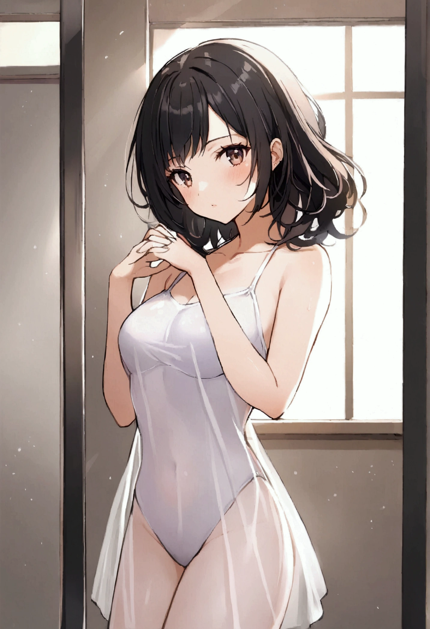 1girl, black hair, dance studio