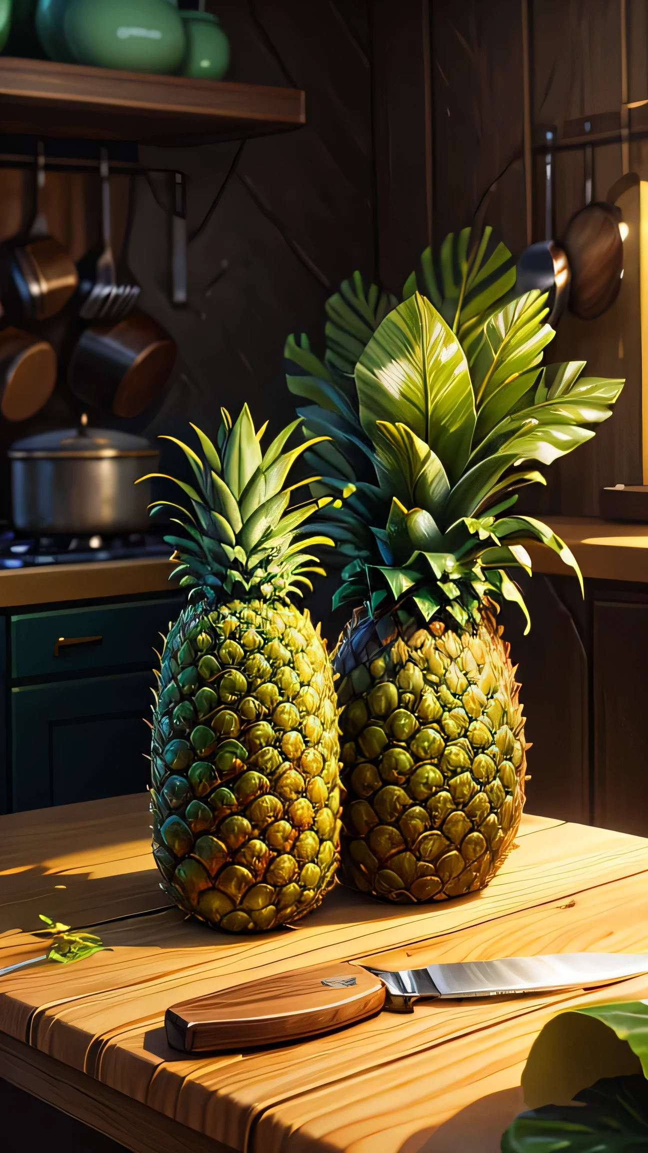a whole pineapple, textured skin, green leaves, kitchen counter, knife, ready to be cut, detailed realism, photorealistic, 8k, high quality, still life, natural lighting, warm colors, detailed texture, hyper realistic, intricate details, sharp focus, studio lighting, vibrant colors