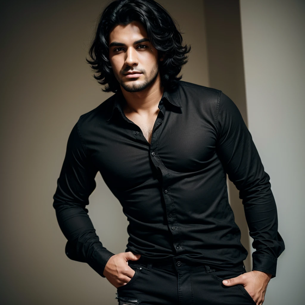 Photo of a -haired boy, with black eyes and wearing a black blouse and ripped black jeans