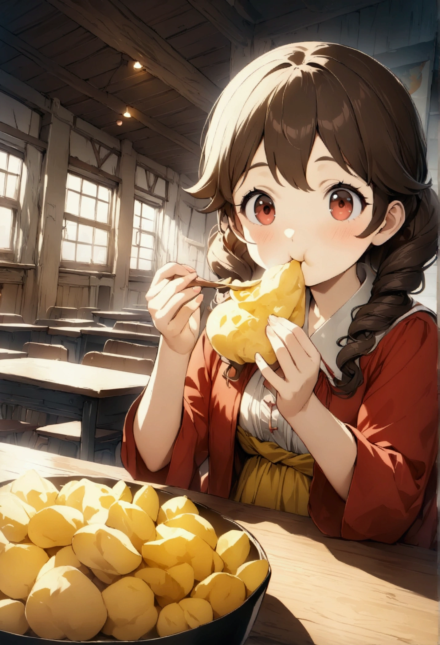 One girl,Anna Yamada,The fate of the people,Intricate details,Wide range of colors,artwork,rendering,(masterpiece:1.3),(Highest quality:1.4),(Very detailedな:1.5),High resolution,Very detailed,unity 8k wallpaper,pop,cute,Eating potato chips,School Library Background